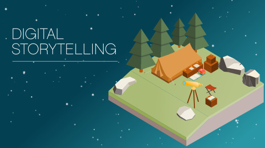 Isometric illustration of a campsite with a telescope and books floating in a sea of stars.