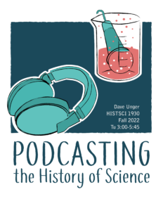 Course poster with headphones in foreground and microphone submerged in bubbling beaker in the background.